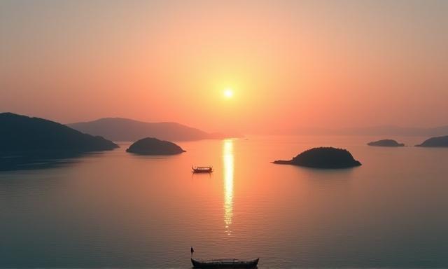 瀬戸内海の穏やかな夕日と島々の風景